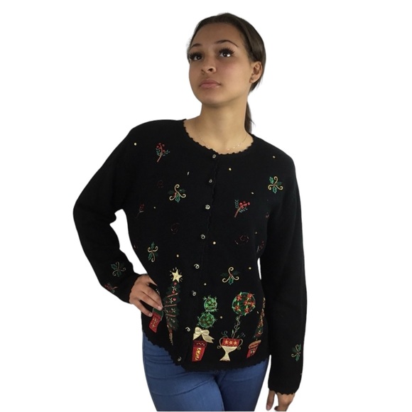 Embellished Black Christmas Tree Cardigan VTG - Picture 1 of 10